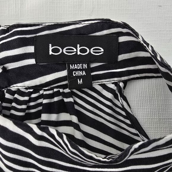 Bebe Women’s M Black White Stripe 100% Silk Halter Tunic Blouse Keyhole Back - Picture 5 of 9